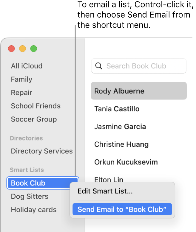 The Contacts sidebar showing the pop-up menu with the command for sending email to the list selected.