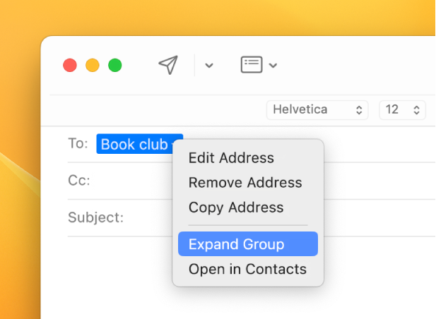 An email in Mail, showing a list in the To field and the pop-up menu showing the Expand Group command selected.