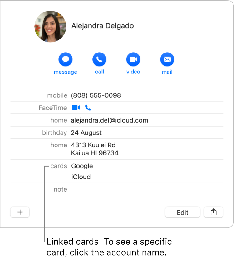 A linked card with two accounts in the Cards section; to see a specific account, click its name.