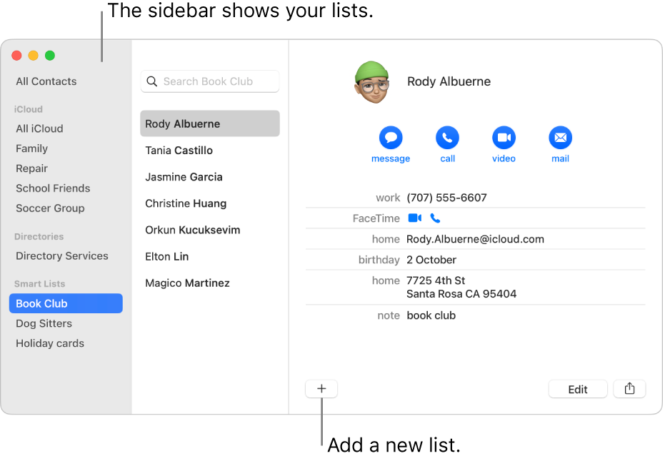 The Contacts window showing the sidebar with lists, such as Cycling list, and the button at the bottom of a contact card for adding a new list.