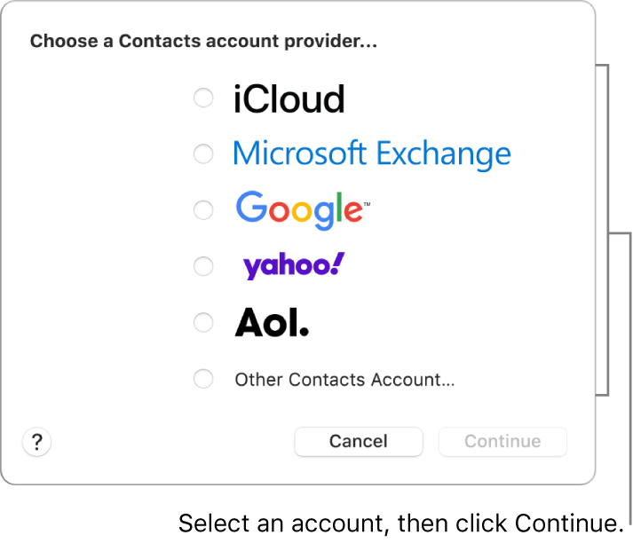 The list of internet account types you can add to the Contacts app: iCloud, Exchange, Google, Yahoo, AOL and Other Contacts Account.