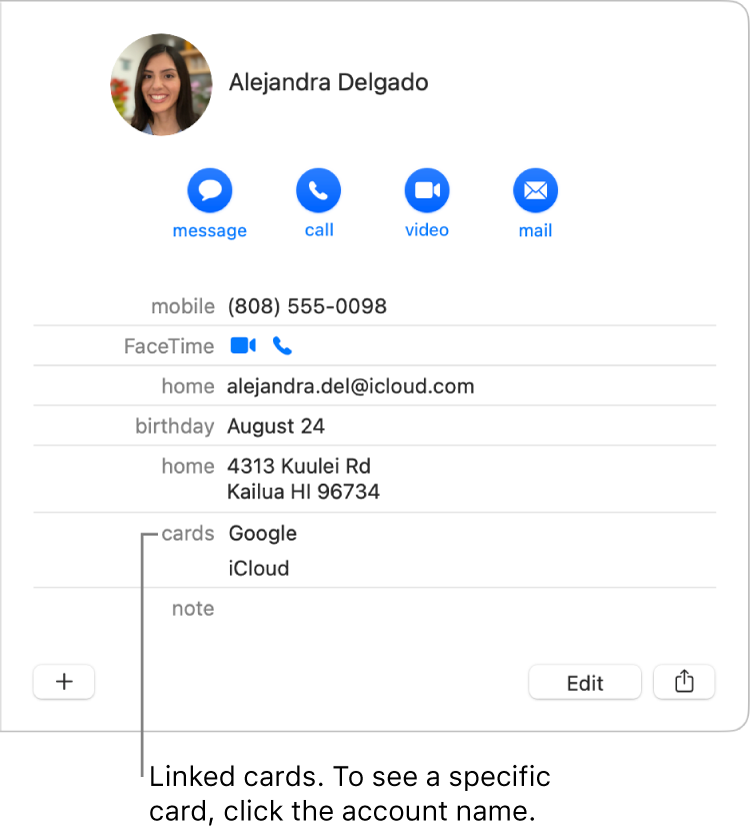 A linked card with two accounts in the Cards section; to see a specific account, click its name.