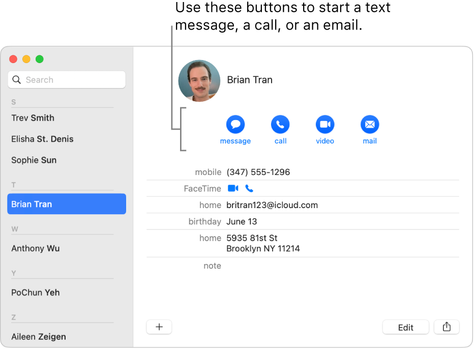 A contact card showing the buttons located below the contact’s name. You can use these buttons to start a text message; a phone, audio, or video call; or an email.