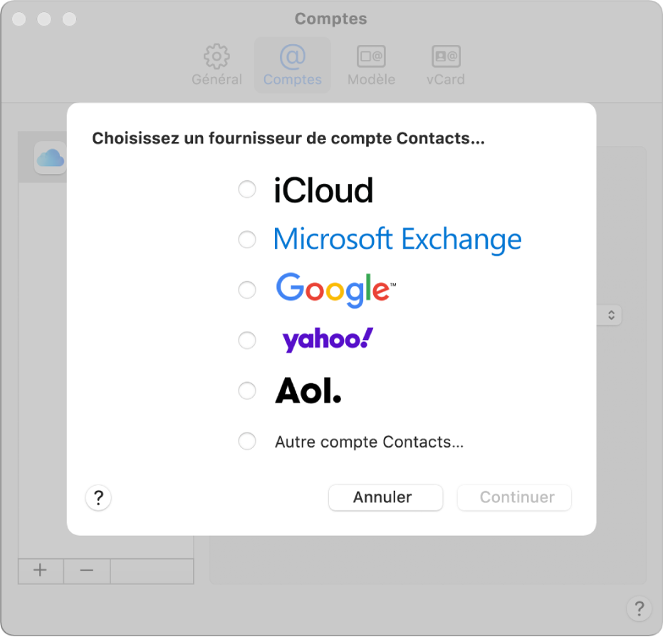 Fenêtre permettant d’ajouter des comptes Internet à l’app Contacts.
