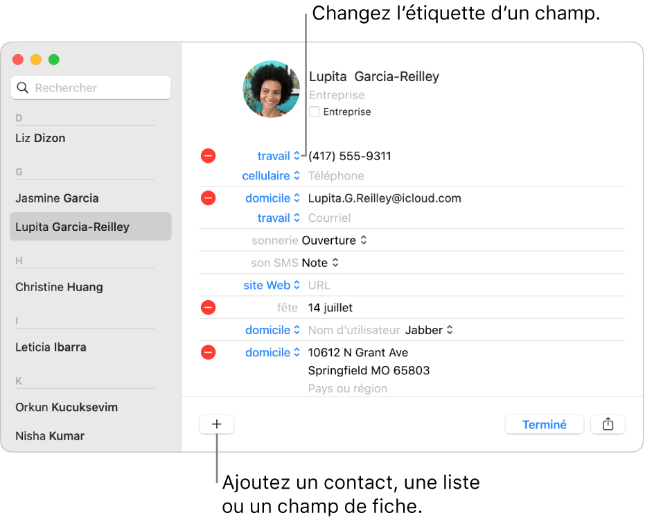 La fiche d’un contact qui affiche une étiquette de champ modifiable et le bouton en bas pour ajouter un champ de contact, de liste ou de fiche.