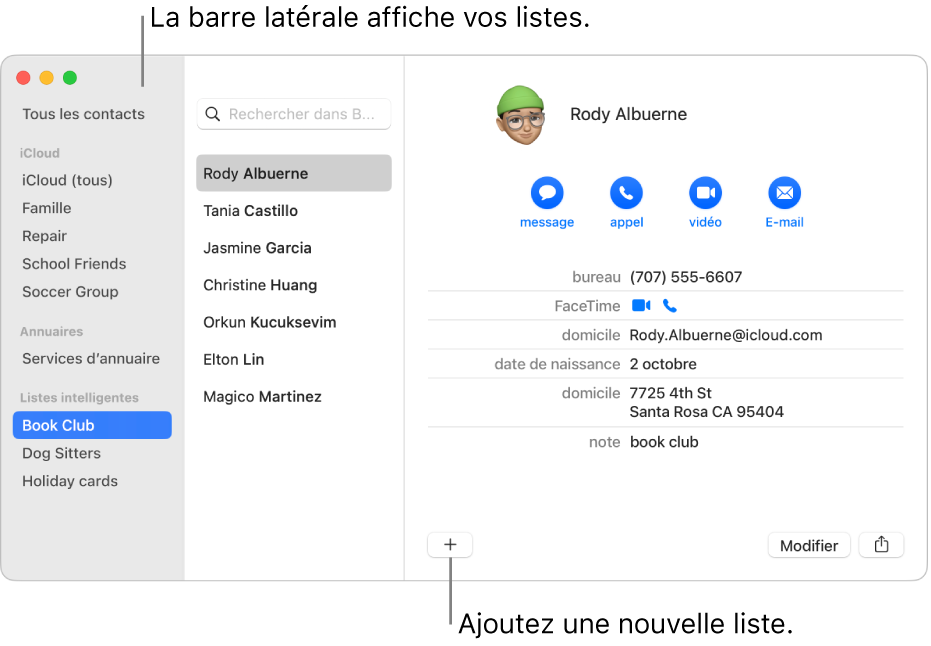 La fenêtre Contacts affichant la barre latérale avec des listes, comme la liste Cyclisme, et le bouton en bas de la fiche d’un contact pour ajouter une nouvelle liste.