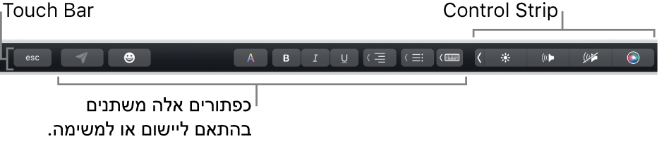 ה‑Touch Bar בחלק העליון של המקלדת, עם ה-Control Strip בפריסה מכווצת בצד ועם כפתורים שמשתנים בהתאם ליישום או למשימה.