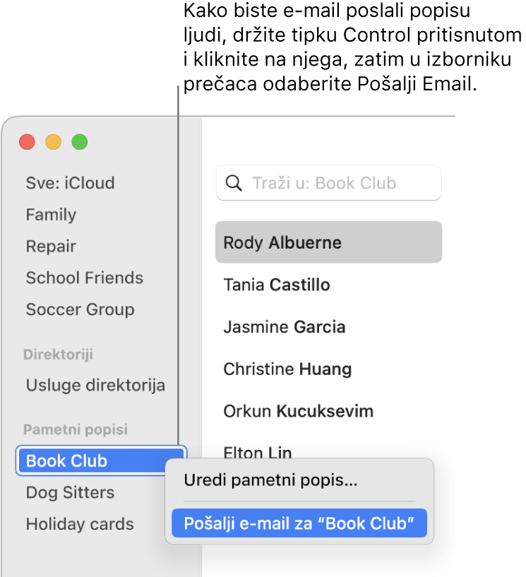 Rubni stupac aplikacije Kontakti prikazuje skočni izbornik s naredbom za slanje e-mail poruka odabranom popisu.
