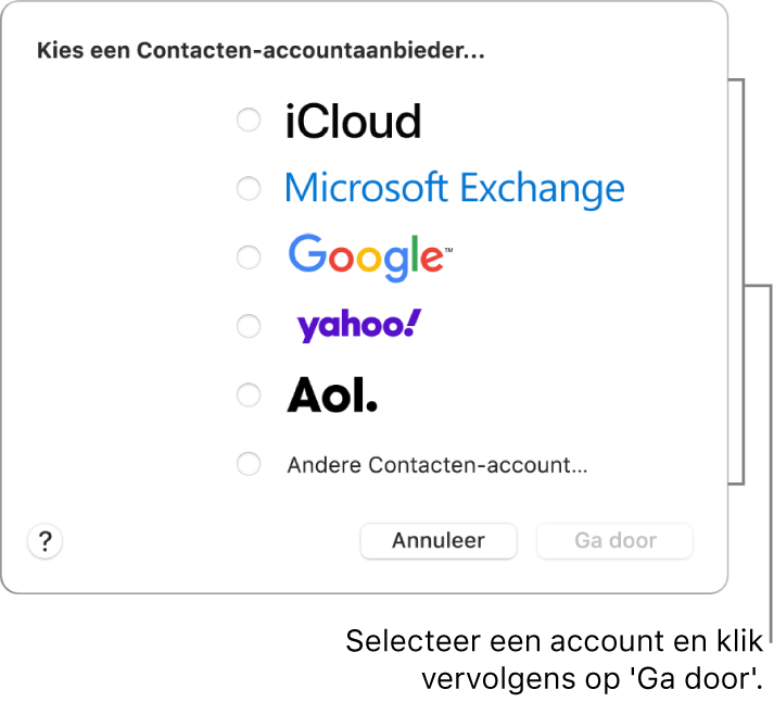 De lijst met de typen internetaccount die je aan de Contacten-app kunt toevoegen: iCloud, Exchange, Google, Yahoo, AOL en 'Andere Contacten-account'.