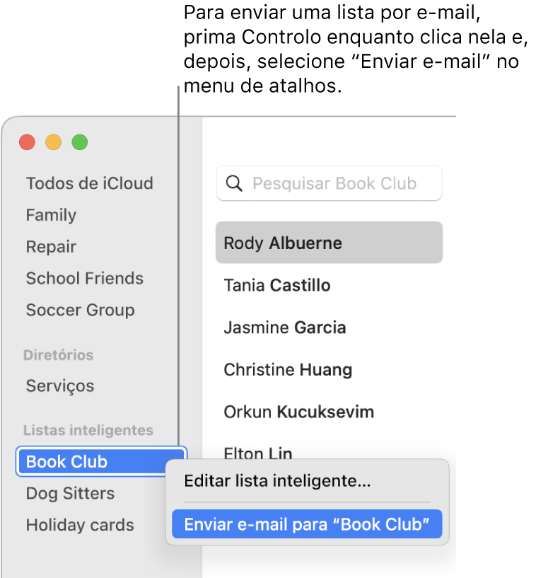 A barra lateral da aplicação Contactos a mostrar o menu pop-up com o comando para enviar um e-mail para a lista selecionada.