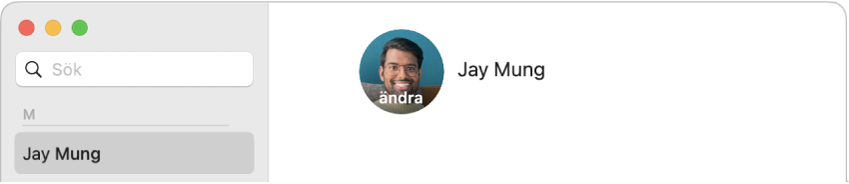 En kontakt är markerad i listan med kontakter till vänster i Kontakter-fönstret. Till höger visas kontaktens profilbild som du kan klicka på om du vill ändra den.