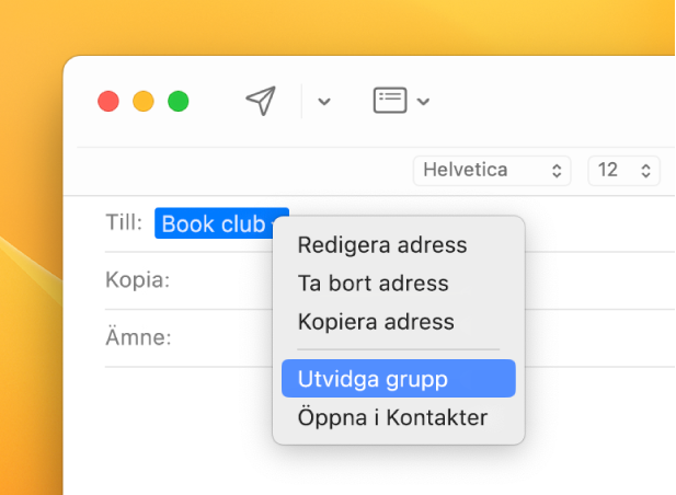 Ett mejl i Mail med en lista i Till-fältet och popupmenyn med kommandot Utvidga grupp valt.