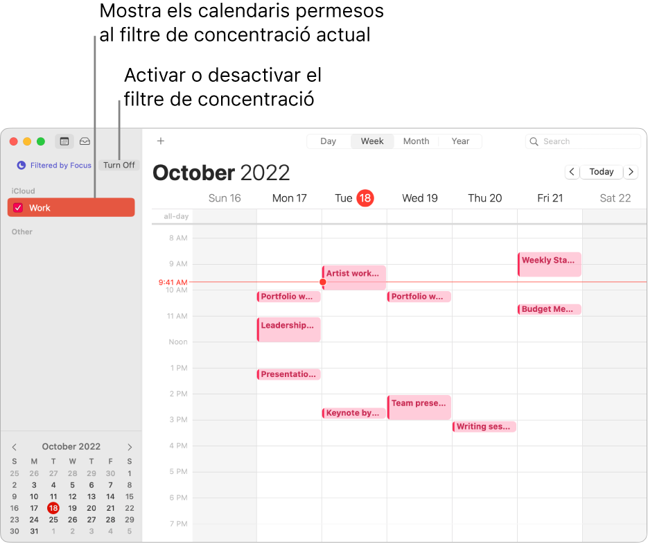 Finestra de l’app Calendari en la vista setmanal que només mostra el calendari laboral a la barra lateral quan el mode de feina està activat.