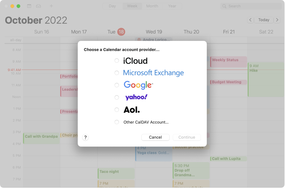 Okno aplikace Kalendář se zobrazeným dialogovým oknem účtu