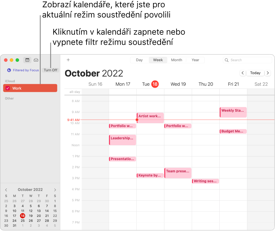 Okno aplikace Kalendář v týdenním zobrazení, ve kterém je na bočním panelu po zapnutí režimu soustředění na práci vidět jen kalendář Práce