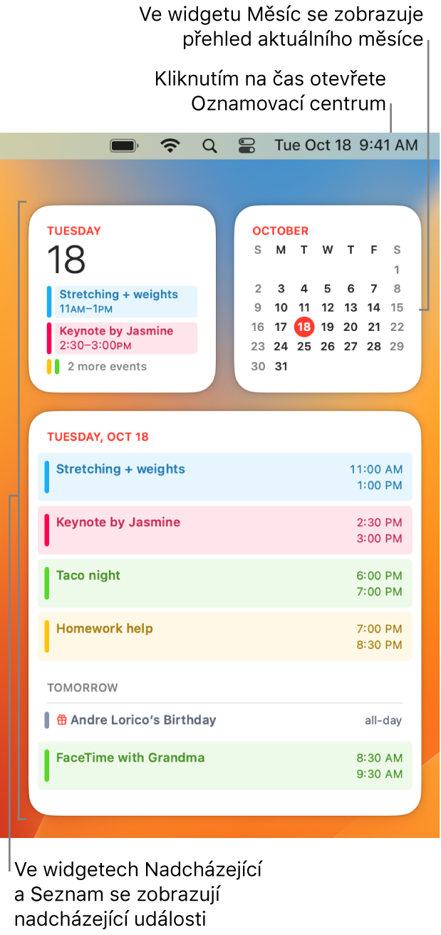 Tři widgety pro Kalendář — widget Nadcházející a widget Seznam, které zobrazují nadcházející události pro aktuální den, a widget Měsíc zobrazující přehled pro aktuální měsíc. Kliknutím na datum a čas v řádku nabídek otevřete Oznamovací centrum, kde můžete widgety upravit.
