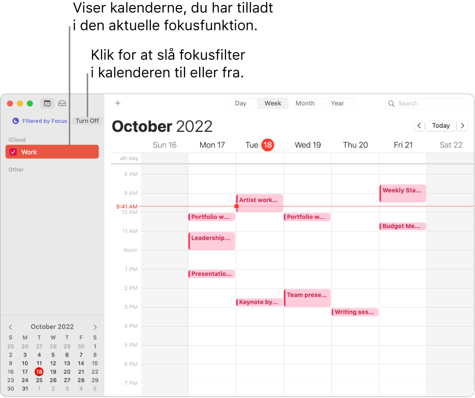 Et Kalendervindue i ugeoversigt, som kun viser kalenderen Arbejde i indholdsoversigten, efter at fokusfunktionen Arbejde er blevet slået til.