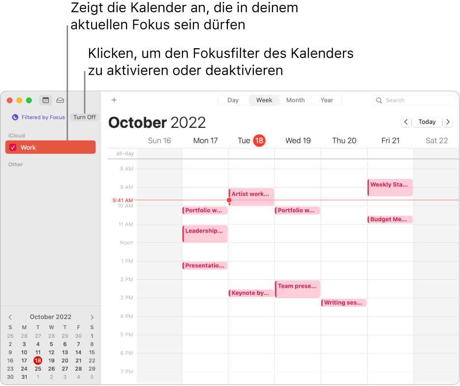 Ein Kalenderfenster in der Wochenansicht zeigt nur den Kalender „Arbeit“ an, nachdem der Fokus „Arbeit“ aktiviert wurde.