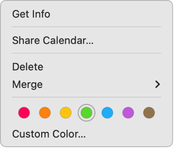 Ein Kontextmenü „Kalender“ mit Optionen zum Einstellen der Farbe eines Kalenders