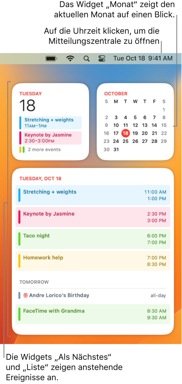 Die drei Kalender-Widgets – das Widget „Als Nächstes“ sowie das Widget „Liste“ zeigen die anstehenden Ereignisse für den aktuellen Tag, und das Widget „Monat“ zeigt den aktuellen Monat. Klicke in der Menüleiste auf Datum und Uhrzeit, um die Mitteilungszentrale zu öffnen und Widgets anzupassen.