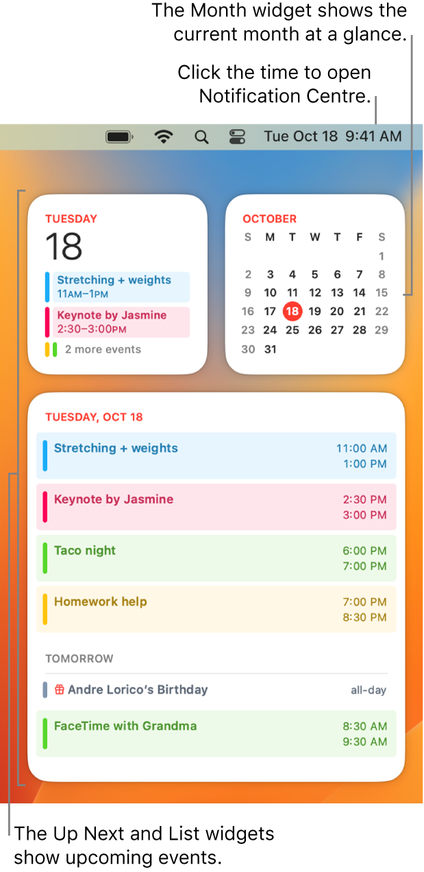 Three Calendar widgets — an Up Next widget and a List widget showing upcoming events for the current day, and a Month widget showing the current month. Click the date and time in the menu bar to open Notification Centre and customise widgets.