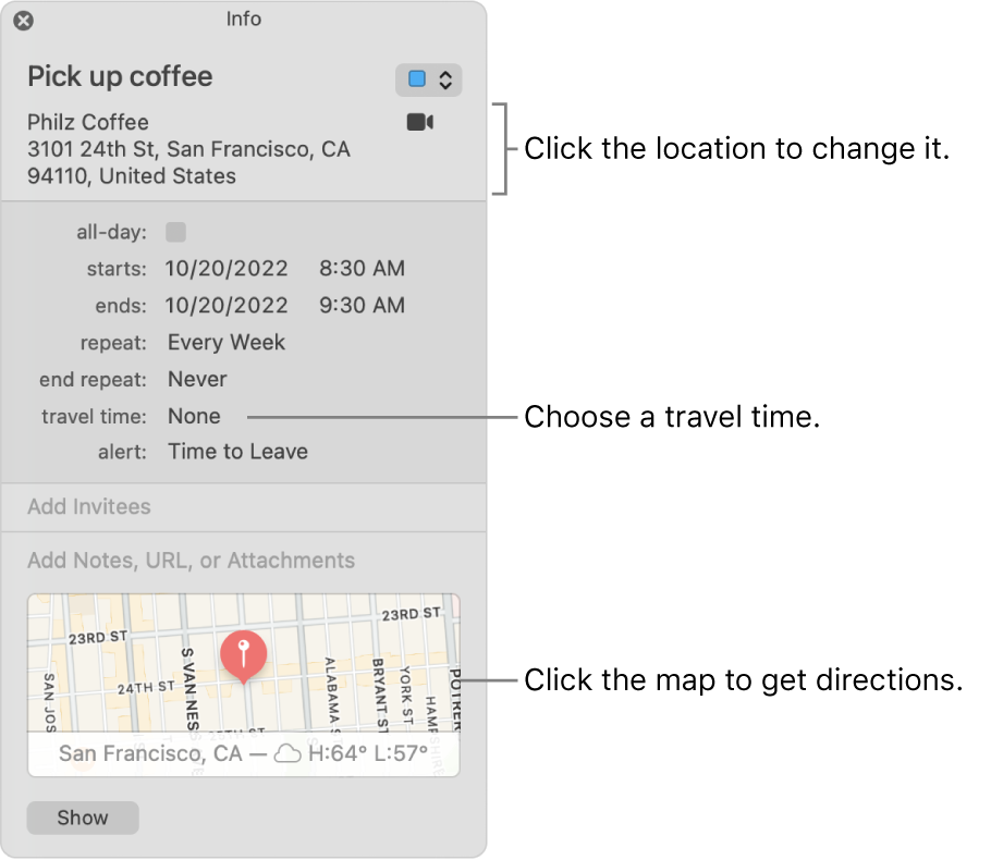 Info window for an event, with the pointer over the Travel Time pop-up menu. Click the location to change it. Choose a travel time from the pop-up menu. Click the map to get directions.