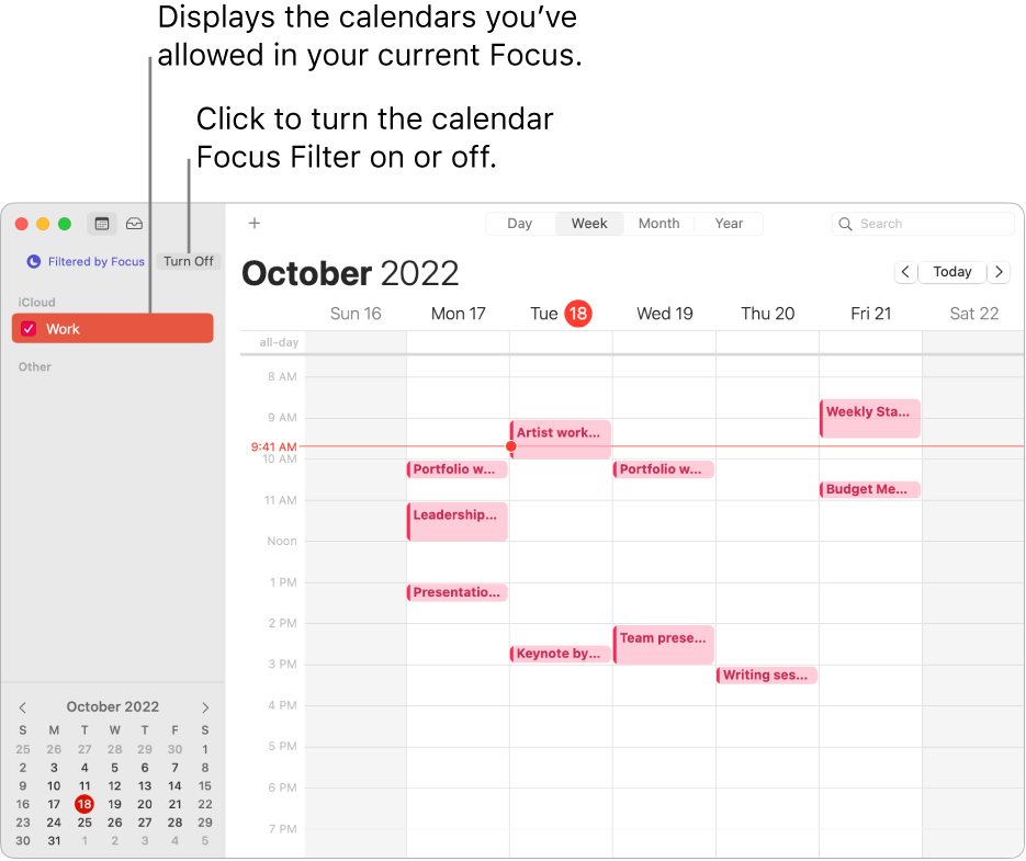 A Calendar window in Week view showing only the Work calendar in the sidebar after the Work Focus has been turned on.