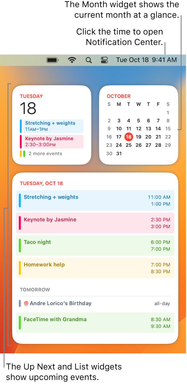 Three Calendar widgets—an Up Next widget and a List widget showing upcoming events for the current day, and a Month widget showing the current month. Click the date and time in the menu bar to open Notification Center and customize widgets.