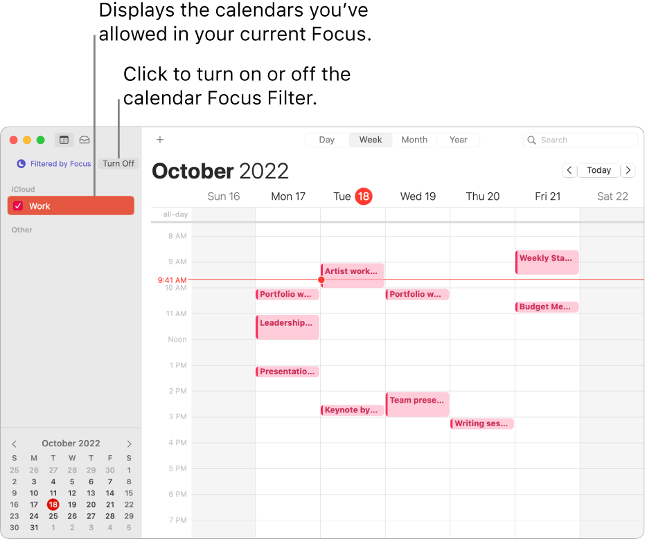 A Calendar window in Week view showing only the Work calendar in the sidebar after the Work Focus has been turned on.