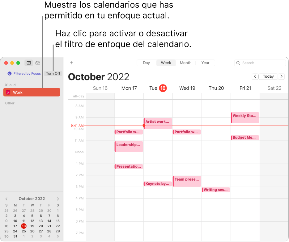 Una ventana de Calendario con la visualización por semana mostrando sólo el calendario laboral en la barra lateral después de activar el enfoque Trabajo.