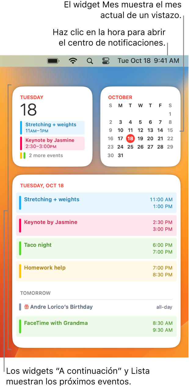Tres widgets de Calendario: un widget “A continuación” y un widget Lista que muestran los eventos próximos del día actual y un widget Mes con el mes actual. Haz clic en la fecha y la hora de la barra de menús para abrir el centro de notificaciones y personalizar los widgets.