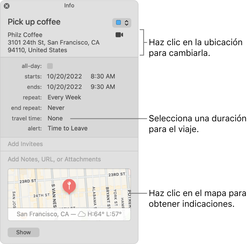 Ventana de información de un evento con el puntero sobre el menú desplegable “Tiempo de viaje”. Haz clic en la ubicación para cambiarlo. Selecciona un tiempo de viaje en el menú desplegable. Haz clic en el mapa para obtener las rutas.