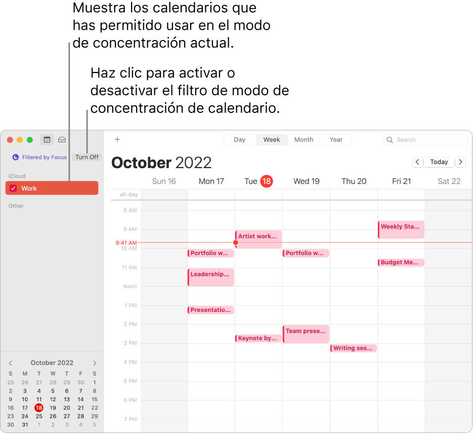 Una ventana de Calendario en la vista Semana donde solo se muestra el calendario de trabajo en la barra lateral después de activar el modo de trabajo.