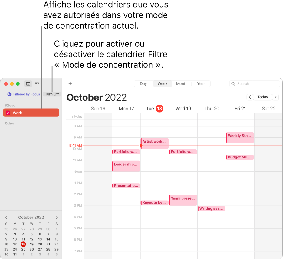 Une fenêtre Calendrier en présentation Semaine affichant uniquement le calendrier professionnel dans la barre latérale après que le mode de concentration Travail a été activé.