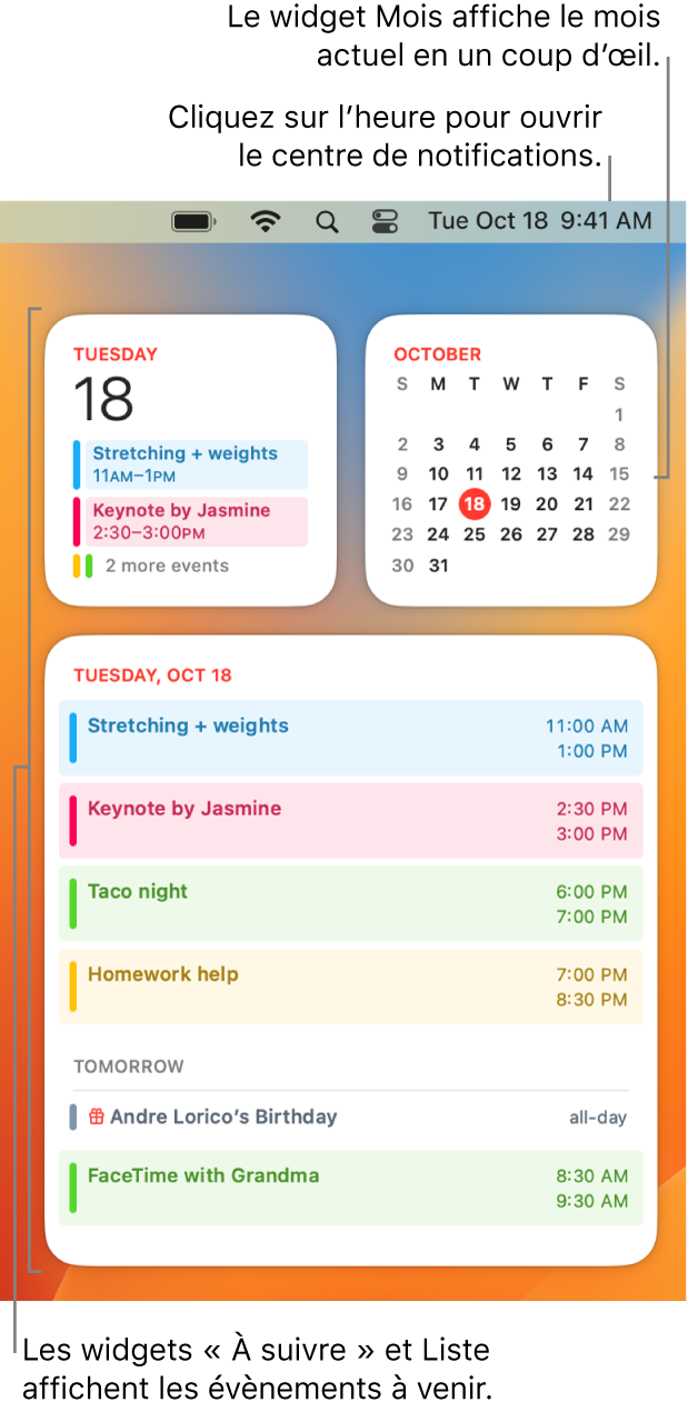 Trois widgets Calendrier : un widget « À suivre » et un widget Liste qui affiche les évènements à suivre pour le jour actuel et un widget Mois affichant le mois actuel. Cliquez sur la date et l’heure dans la barre des menus pour ouvrir le centre de notifications et personnaliser les widgets.