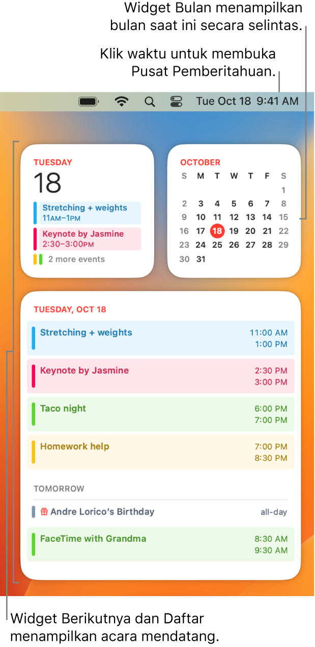 Tiga widget Kalender—widget Berikutnya dan widget Daftar menampilkan acara mendatang untuk hari ini, dan widget Bulan menampilkan bulan ini. Klik tanggal dan waktu di bar menu untuk membuka Pusat Pemberitahuan dan menyesuaikan widget.