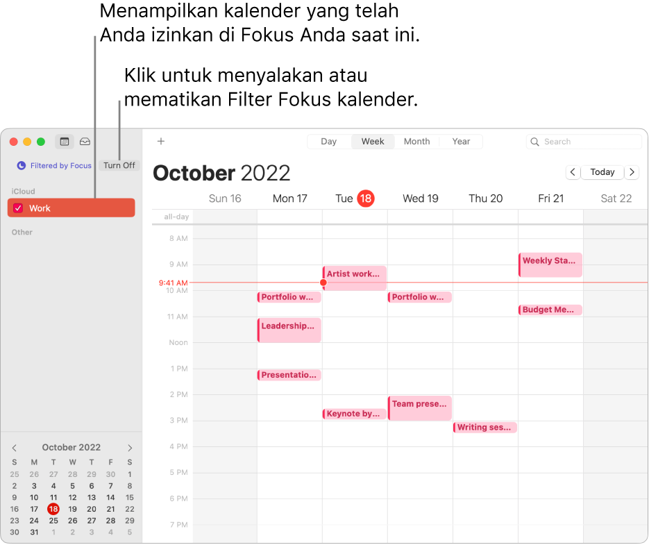 Jendela Kalender dalam tampilan Minggu hanya menampilkan kalender Kerja di bar samping setelah Fokus Kerja dinyalakan.