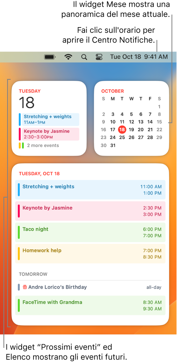 Tre widget di Calendario: un widget “Prossimi eventi” e un widget Elenco che mostrano i prossimi eventi per il giorno attuale e un widget Mese che mostra il mese corrente. Fai clic su data e ora nella barra dei menu per aprire il Centro Notifiche e personalizzare i widget.