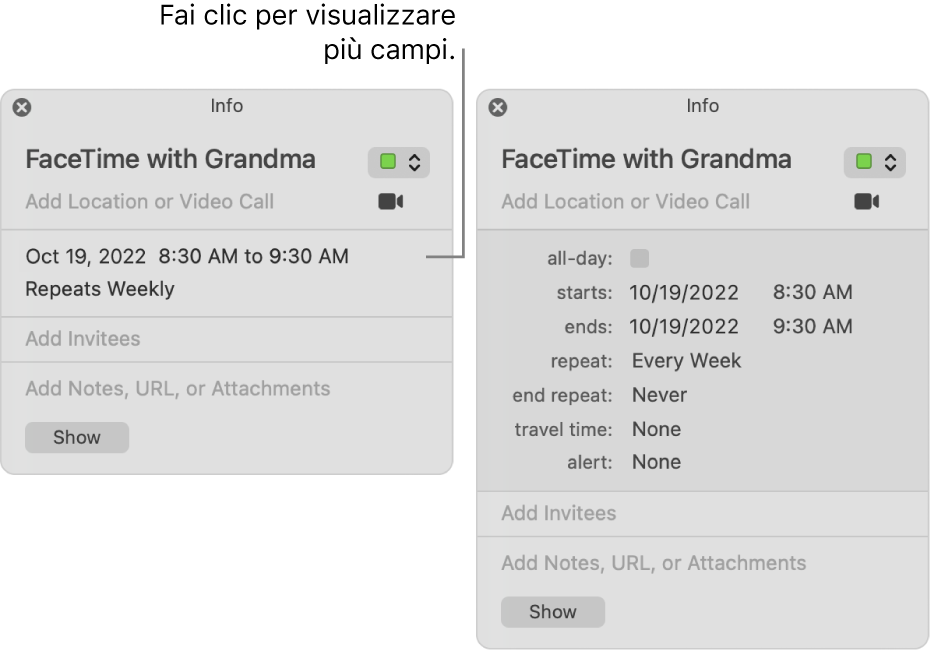 L'immagine a sinistra mostra la finestra compressa delle informazioni relative a un evento. A destra, la finestra delle informazioni dello stesso evento è espansa e mostra ulteriori campi, come l'ora di inizio e di fine, la ripetizione e il tempo di percorrenza.