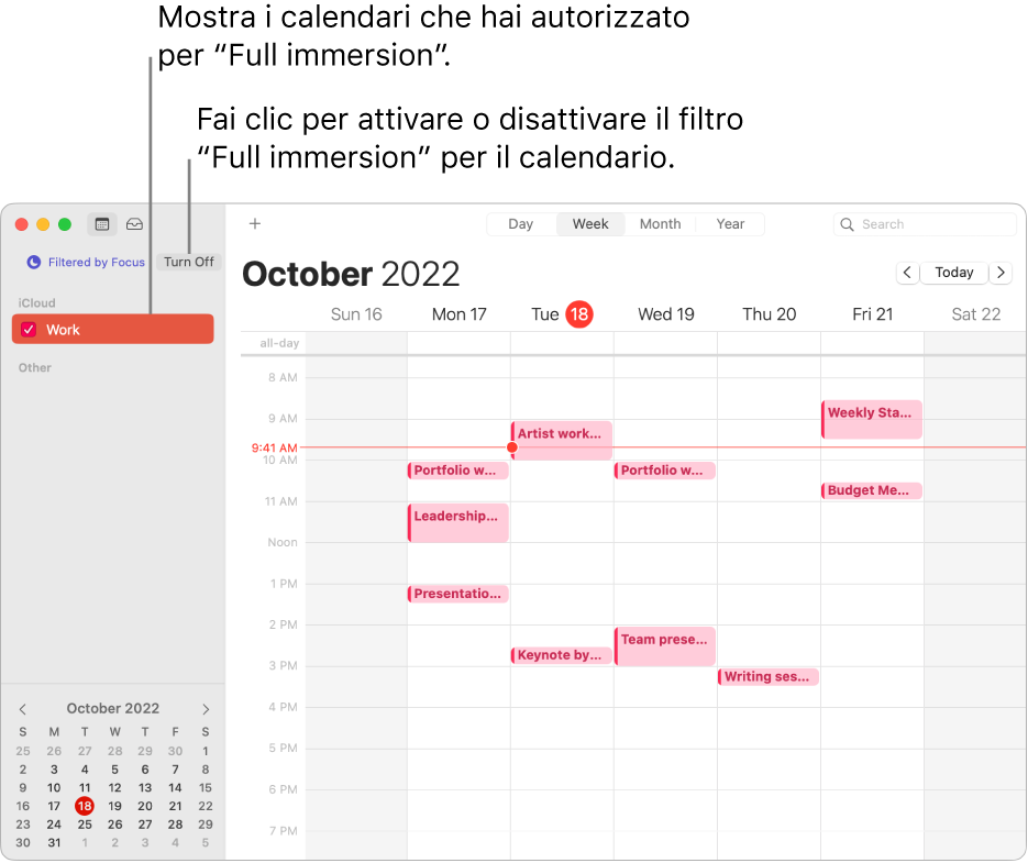 Una finestra Calendario nella vista Settimana che mostra solo il calendario di lavoro nella barra laterale dopo che è stato attivata la full immersion Lavoro.