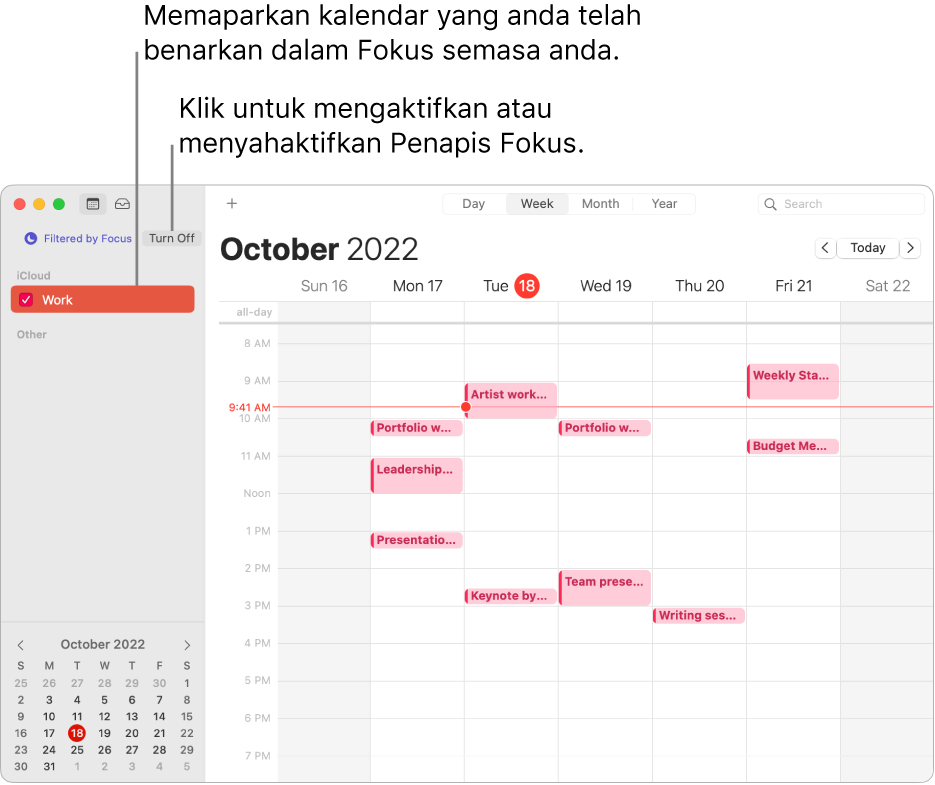 Tetingkap Kalendar dalam paparan Minggu menunjukkan hanya kalendar Kerja dalam bar sisi selepas Fokus Kerja telah diaktifkan.