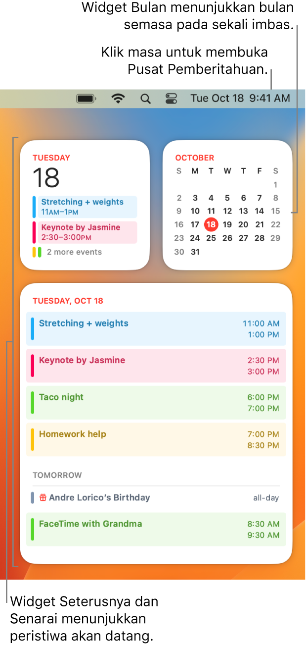Tiga widget Kalendar—widget Seterusnya dan widget Senarai menunjukkan peristiwa akan datang untuk hari semasa dan widget Bulan menunjukkan bulan semasa. Klik tarikh dan masa dalam bar menu untuk membuka Pusat Pemberitahuan dan menyesuaikan widget.