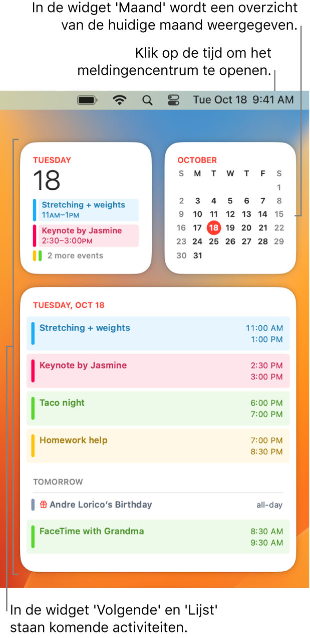 Drie Agenda-widgets: een widget 'Volgende' en een widget 'Lijst' met komende activiteiten voor de huidige dag en een widget 'Maand' met de huidige maand. Klik op de datum en tijd in de menubalk om het meldingencentrum te openen en widgets aan te passen.