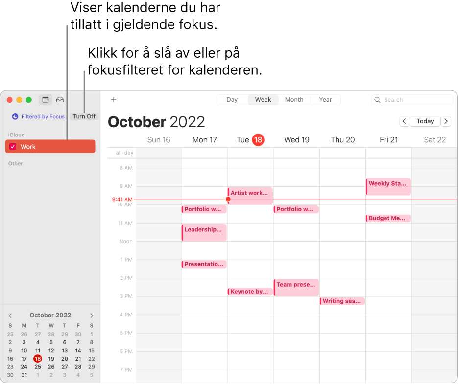 Et Kalender-vindu i ukesvisning som viser kalenderen for jobb, i sidepanelet etter at Jobb-fokuset har blitt slått på.