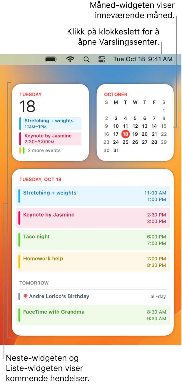 Tre Kalender-widgeter – en Neste-widget og en Liste-widget, som viser kommende hendelser for gjeldende dag, og en Måned-widget som viser gjeldende måned. Klikk på dato og tid i menylinjen for å åpne Varslingssenter og tilpasse widgeter.