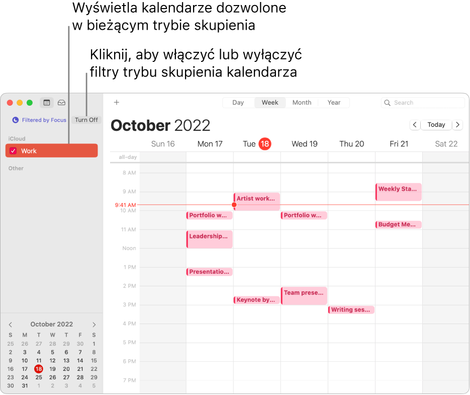 Okno Kalendarza w widoku tygodnia z widocznym na pasku bocznym tylko kalendarzem służbowym po włączeniu trybu skupienia Praca.