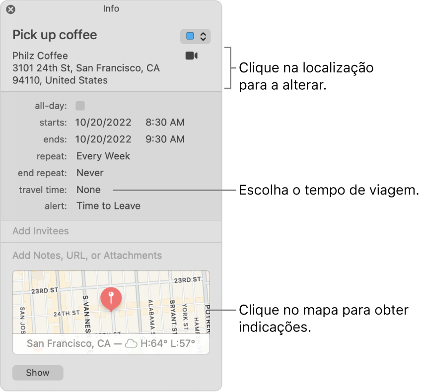 Janela de informações de um evento com o cursor sobre o menu local “Tempo de Viagem”. Clique na localização para alterá-la. Escolha um horário de viagem no menu local. Clique no mapa para obter itinerários.