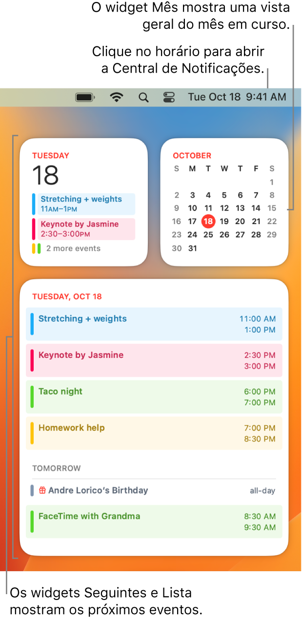 Três widgets do Calendário — um widget Seguintes e um widget Lista mostrando os próximos eventos do dia e um widget Mês mostrando o mês atual. Clique na data e hora na barra de menus para abrir a Central de Notificações e personalizar os widgets.
