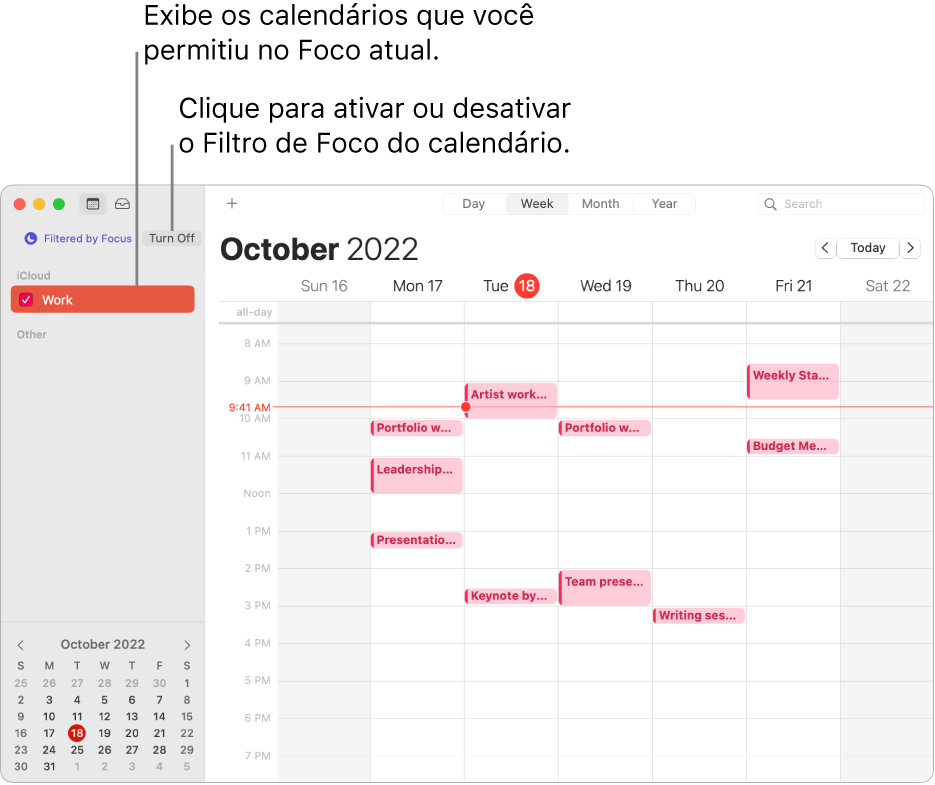 Janela do Calendário em visualização por Semana, mostrando apenas o calendário Trabalho na barra lateral após o Foco Trabalho ter sido ativado.