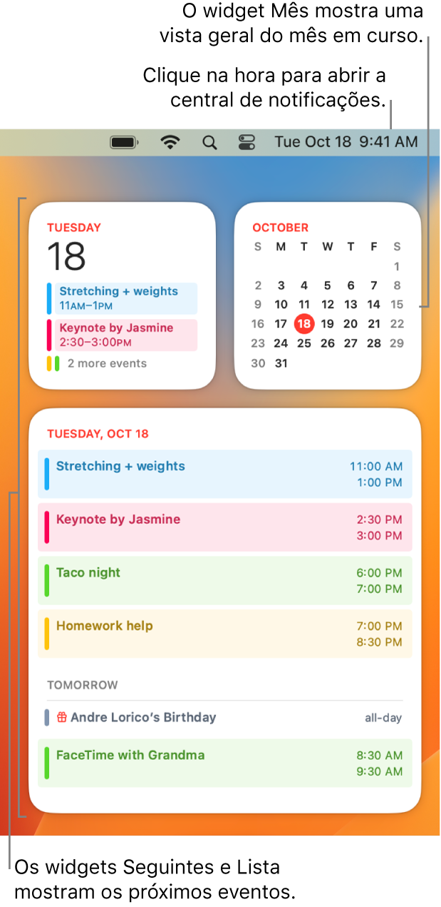 Três widgets do Calendário — um widget Seguintes e um widget Lista a mostrar os próximos eventos desse dia e um widget Mês a mostrar o mês atual. Clique na data e hora na barra de menus para abrir a central de notificações e personalizar widgets.